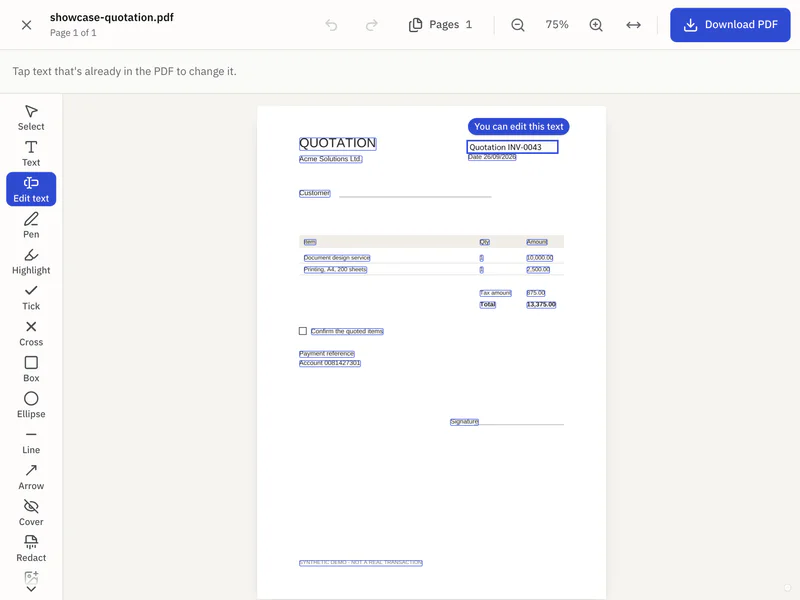 ORDO's Edit PDF screen: the quotation number INV-0042 being changed to INV-0043 in the file