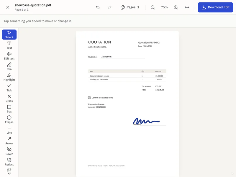 ORDO's Edit PDF screen: a sample form with a name added, a box ticked and a signature placed