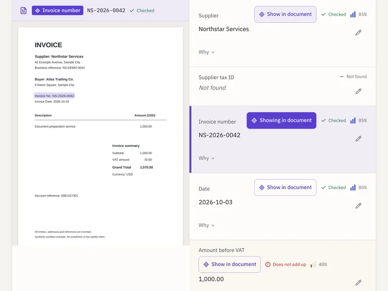 Smart Extract: reviewed fields alongside evidence in a synthetic English document