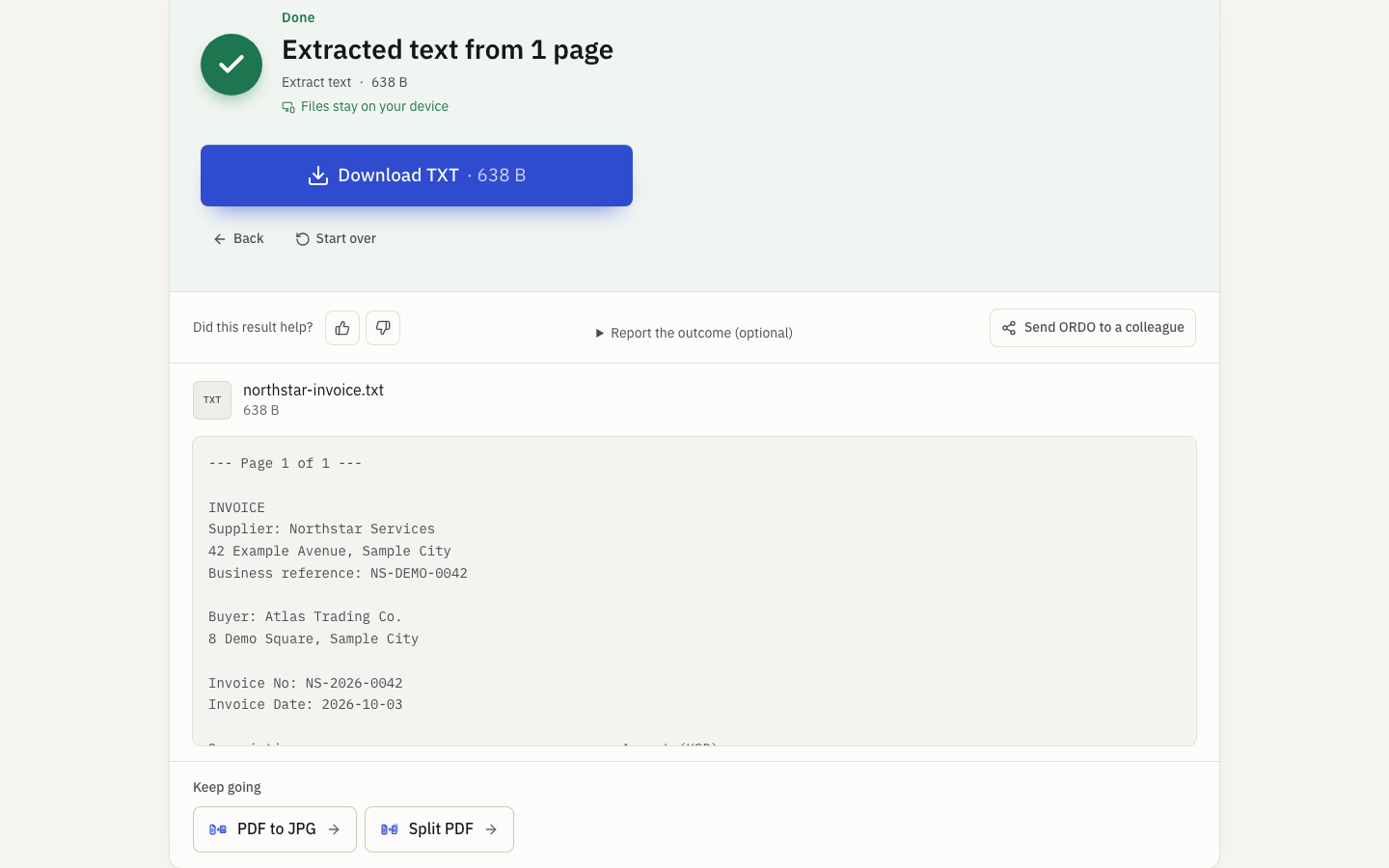 PDF to Text with a supported English document