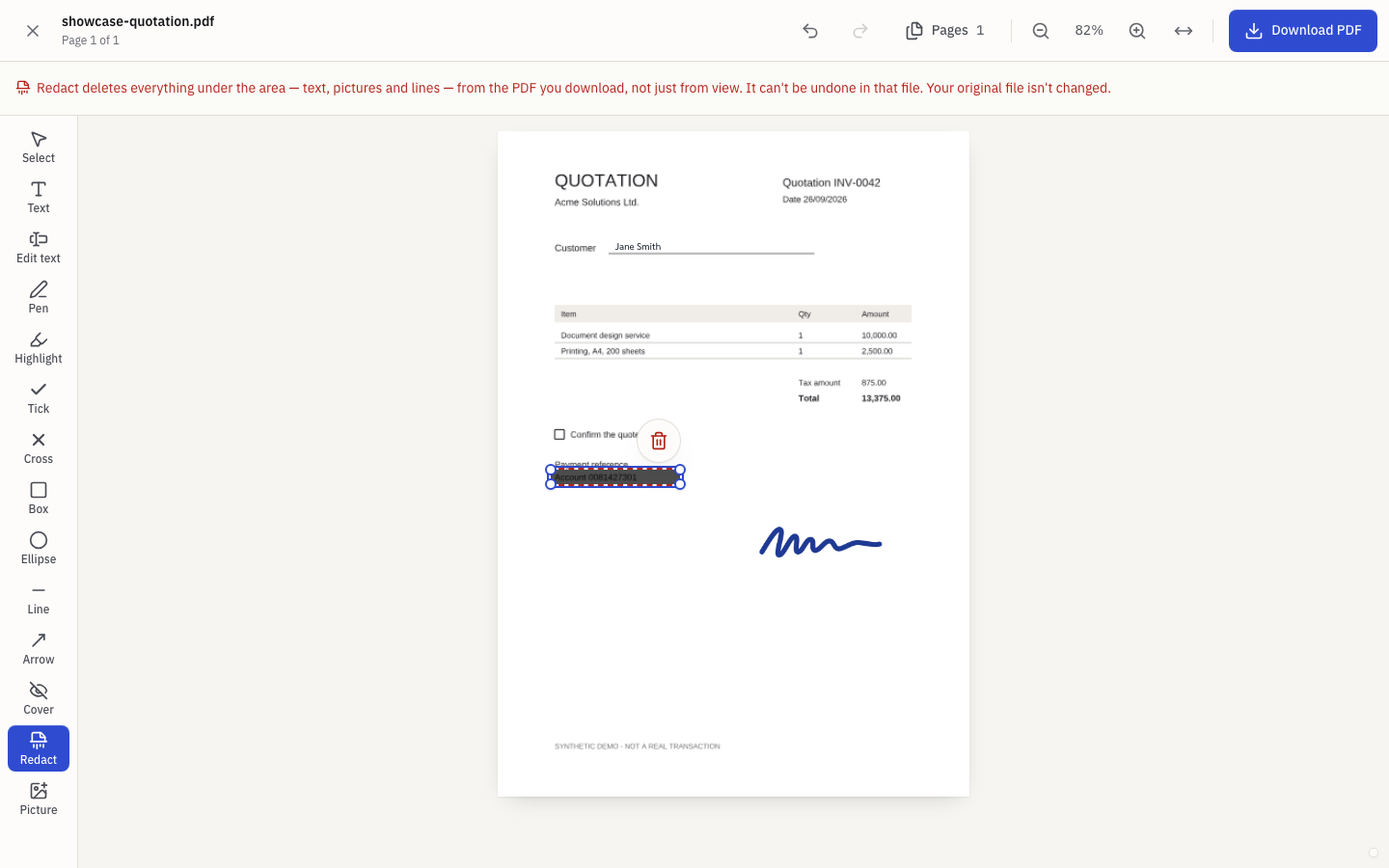 Secure Redaction on a synthetic English account reference